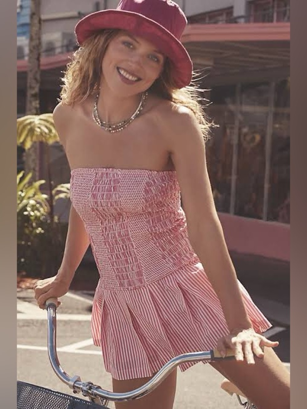 NWT Celandine Anthropologie Strapless Drop Waist Mini Romper Pink Stripe Large